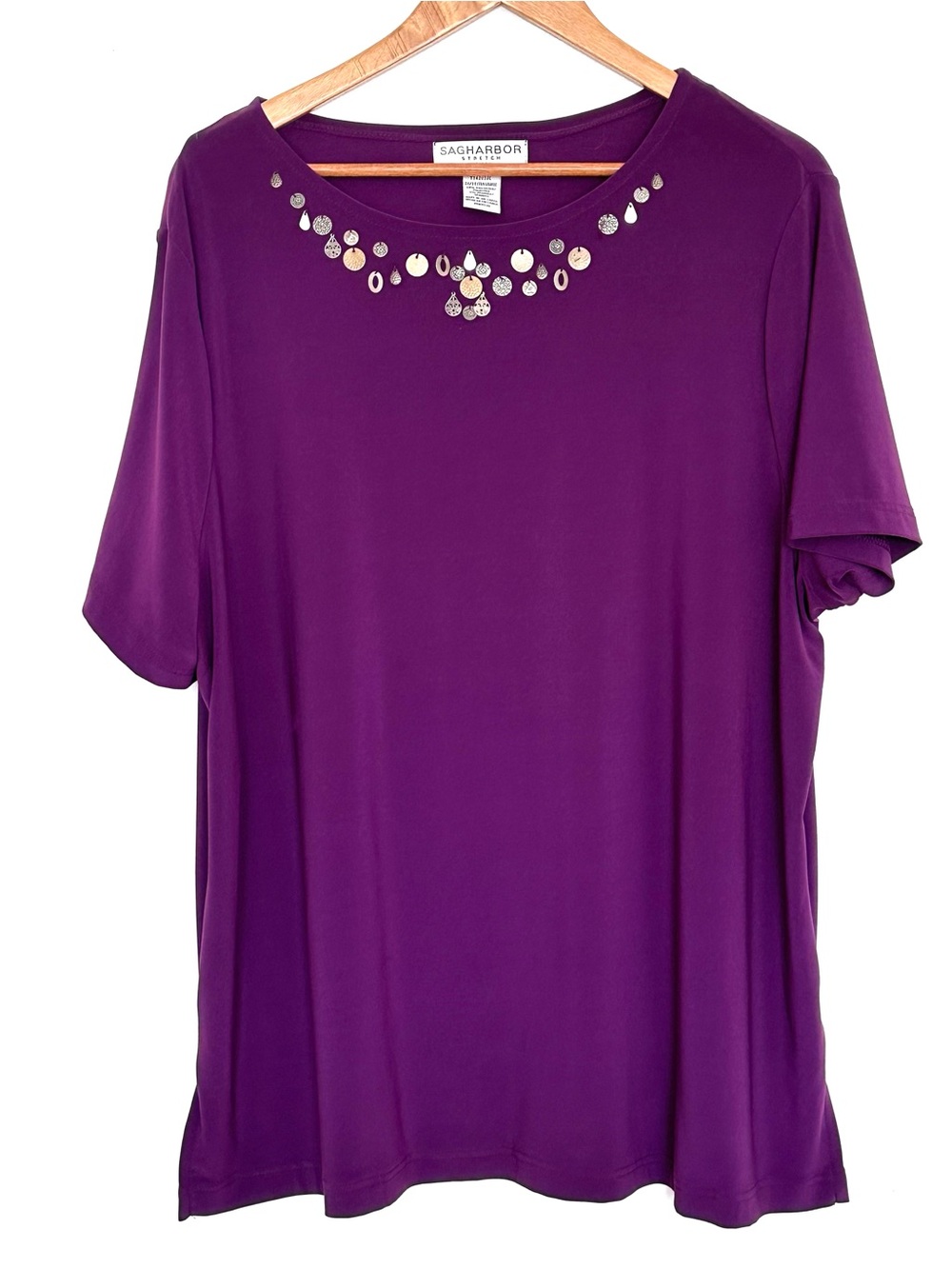 Sag Harbor Plus Shirt Women’s 2X Purple Embellished Short Sleeve Pullover Top